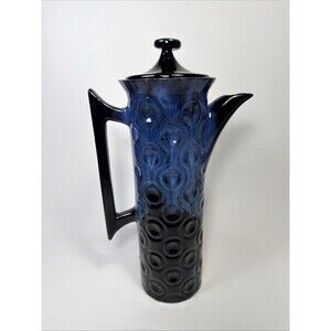 Royal Canadian Art Pottery Vtg Coffee Pot Black With Blue Drip Glaze Jupiter J2